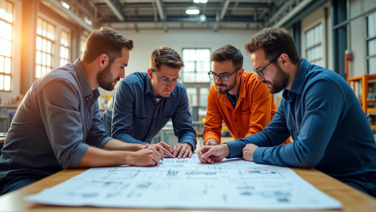 Professionnels de l'ingénierie collaborant sur des plans techniques à Saint-Ouen